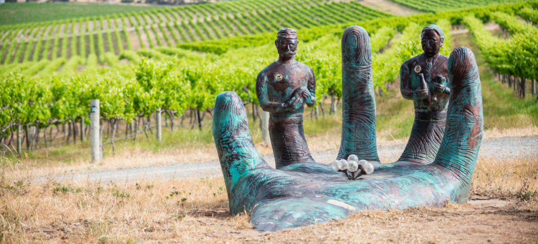 Huge hand sculpture near the vineyard 